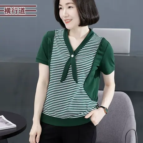 2023夏季新款简约海军风V领飘带条纹宽松拼接短袖T恤大码上衣女装商品大图