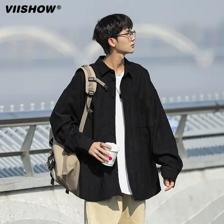VIISHOW日系衬衫男春秋美式休闲百搭黑色开衫外套高级感情侣上衣商品大图