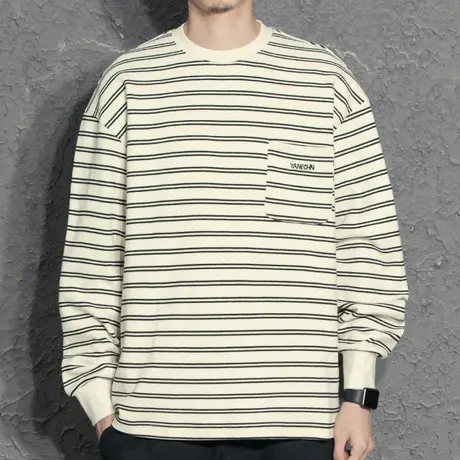 春季条纹男士加厚T恤百搭休闲圆领长袖外套日系基础款宽松上衣潮图片