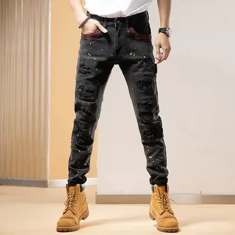 Modi Nick/摩帝尼克男款牛仔裤破洞潮流做旧休闲牛仔男款印花时尚商品大图