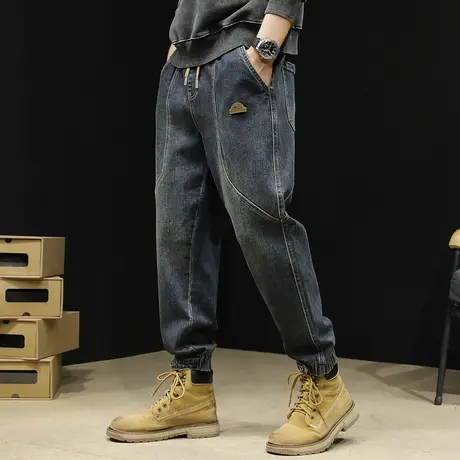 潮牌牛仔裤男士秋季2023新款宽松束脚大码秋冬男裤拼接弹力裤子男商品大图