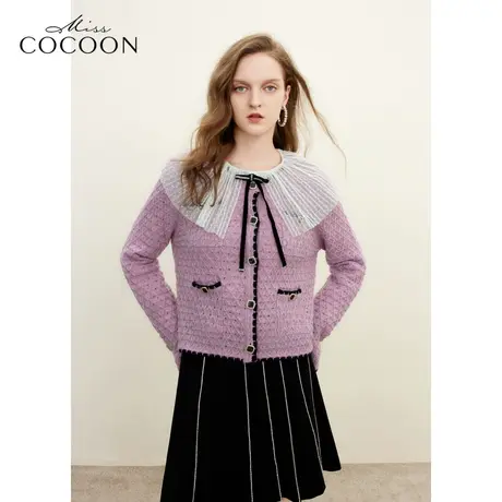missCOCOON千金玛德琳2023冬季新女撞色菱格肌理小香风毛针织衫商品大图