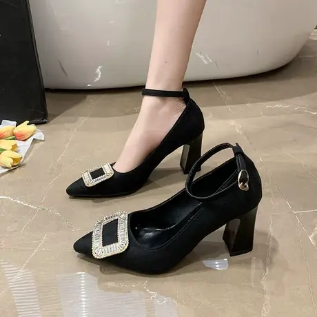 永希高跟鞋女夏季2023年新款百搭一字扣带尖头性感浅口仙女风单鞋商品大图