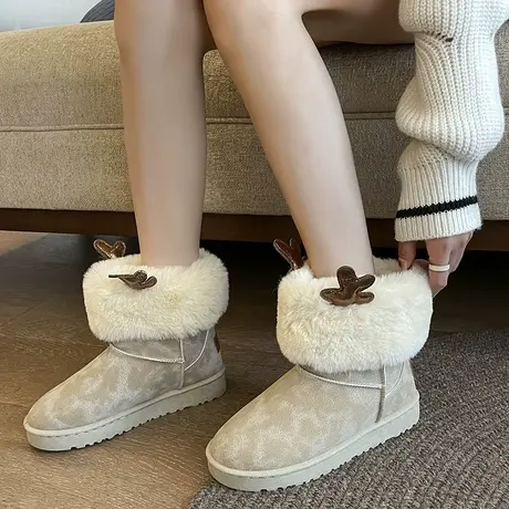 可爱麋鹿角雪地靴女2023冬季新款时尚皮毛一体加绒加厚保暖棉鞋潮图片