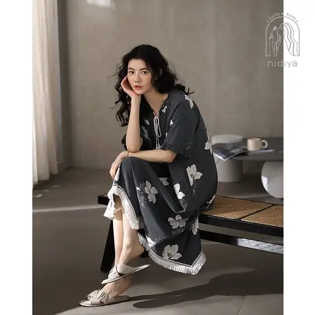 妮狄娅睡衣睡裙女夏季纯棉短袖v领套头中长裙花卉可外穿家居服商品大图