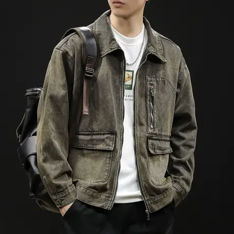复古高级感牛仔外套男2024新款春秋季多口袋潮牌大码男士工装夹克图片