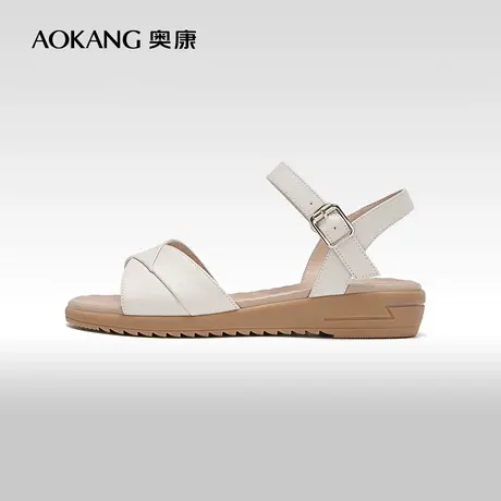 奥康凉鞋女夏季坡跟一字带凉鞋真皮舒适休闲防滑经典中老年妈妈鞋图片