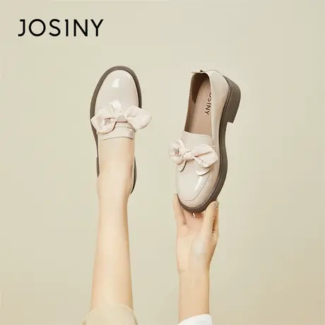 Josiny/卓诗尼白色小皮鞋女2024新款春季粗跟高跟单鞋厚底乐福鞋商品大图