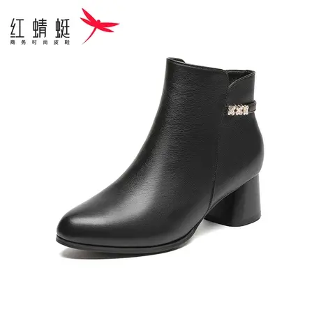 红蜻蜓高跟瘦瘦单靴2023年春秋季新款爆款黑色粗跟短靴子女鞋圆头图片