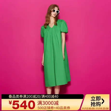 Juicy Couture橘滋23新款蒲草青青logo金属牌V领泡泡袖连衣裙图片