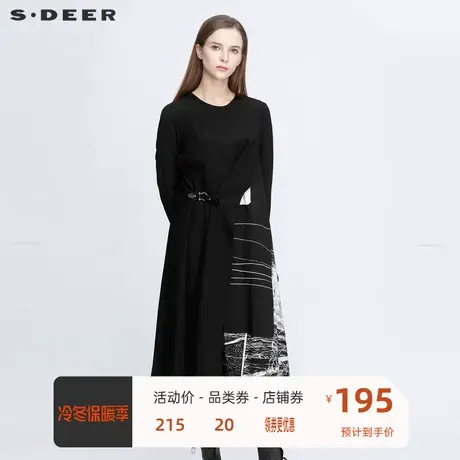 sdeer圣迪奥女装涂鸦印花拼接不规则长袖打底连衣裙冬S20481210图片