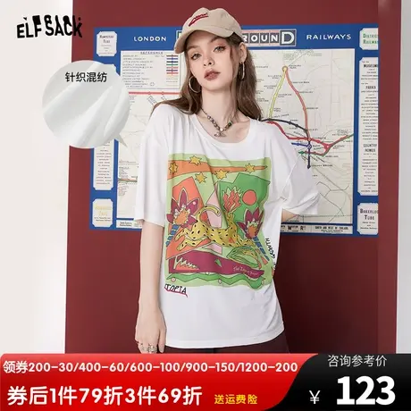 妖精的口袋印花白色短袖t恤女2023夏季新款半袖宽松百搭圆领上衣图片