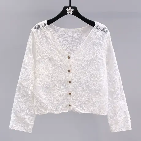 夏季防晒薄款蕾丝开衫外套女2023年新款长袖镂空外搭短款罩衫上衣图片