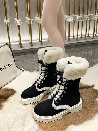 小个子增高厚底中筒雪地靴女英伦复古秋季高筒马丁靴加绒加厚棉鞋图片