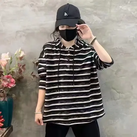 2023新款初秋文艺风长袖t恤女条纹连帽宽松百搭T恤打底衫外穿上衣商品大图