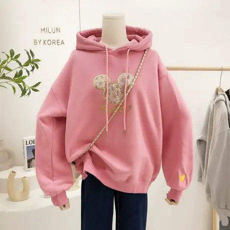 韩国东大门套头卫衣2021秋冬新款烫金字母蕾丝加绒连帽卫衣保暖女图片