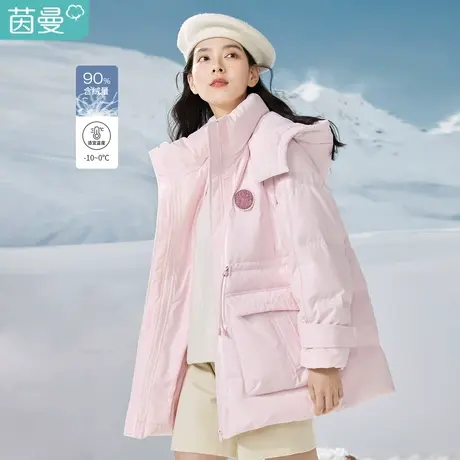 茵曼2023冬女装新款前胸原创LOGO章仔设计立领连帽收腰合体羽绒服商品大图