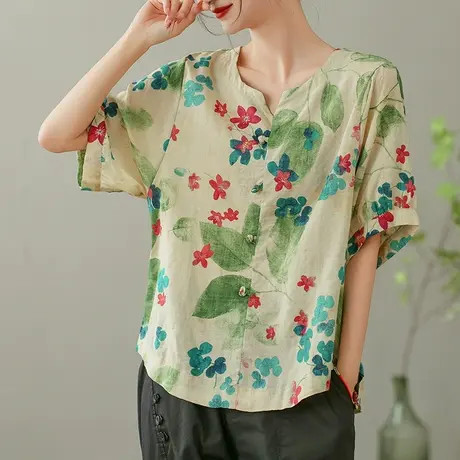 dza复古印花纯棉短袖衬衫女2023夏季薄款V领衬衣休闲宽松套头上衣商品大图