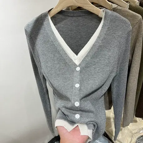 设计感V领假两件针织衫开衫女上衣2023早秋新款温柔打底衫毛衣潮商品大图
