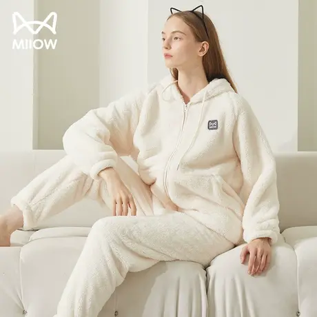 猫人珊瑚绒睡衣女冬款加厚加绒保暖连帽套装外穿法兰绒家居服套装商品大图