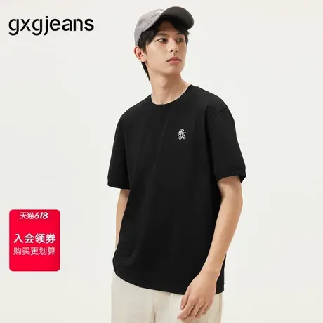 gxg.jeans男装  黑色潮流刺绣基础宽松圆领短袖T恤男 25年夏新品商品大图
