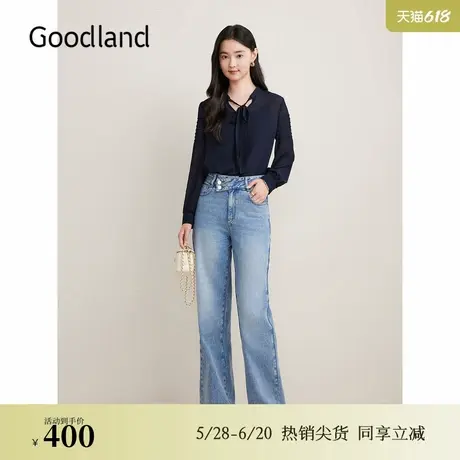 Goodland美地秋季法式小立领飘带衬衫星光提花镂空上衣商品大图