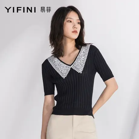 Yifini/易菲合体短款毛衫女夏季新款短袖修身百搭针织打底衫商品大图