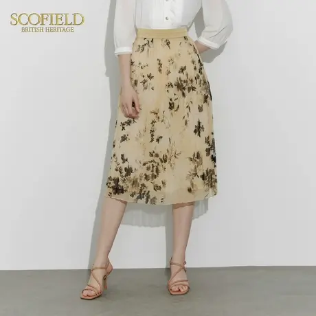 Scofield女装时尚中长款半身裙浪漫印花高腰网纱伞裙夏季短裙图片