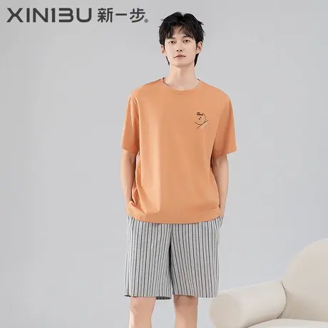 新一步【加大加肥】纯棉男款睡衣短袖短裤夏季薄款简约休闲家居服商品大图