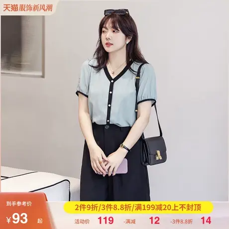 2023夏季新款上衣加肥加大码显瘦宽松遮肚子短袖女雪纺衫胖mm减龄商品大图