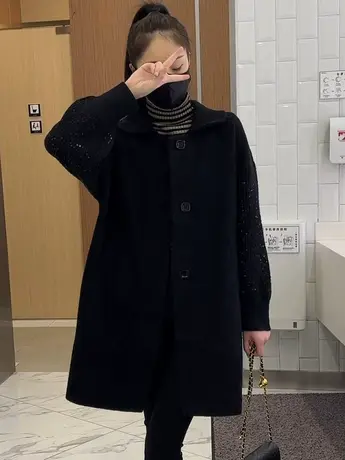 2023秋冬新款韩版双面呢大衣拼亮片袖子中长款时尚修身毛呢外套潮图片