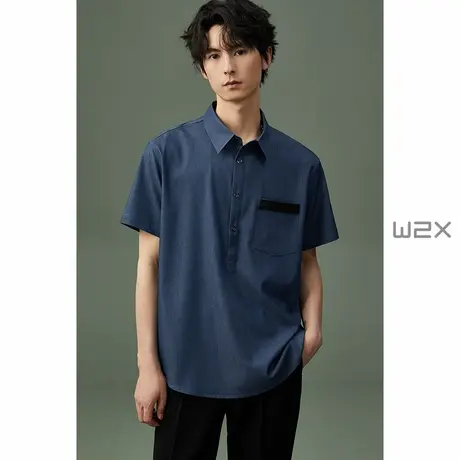 w2x夏季薄款牛仔短袖衬衫男时尚拼接设计感polo领衬衣设计感寸衣图片