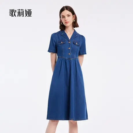 歌莉娅西装领牛仔连衣裙夏装收腰复古港风短袖显瘦通勤1B5R4J140商品大图