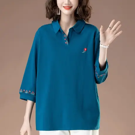 七分袖T恤女夏季新款加大码女装宽松中老年妈妈纯棉翻领显瘦上衣商品大图