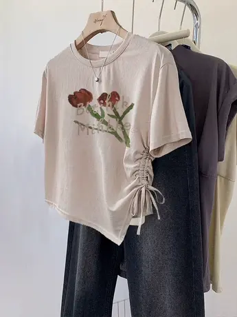 韩系chic别致小上衣宽松短款抽绳设计感闺蜜装t恤正肩短袖女夏ins图片