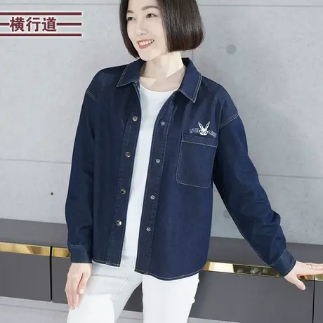 翻领绣花宽松长袖牛仔纯棉衬衣韩版大码胖MM2023新款冬装外套女衣商品大图