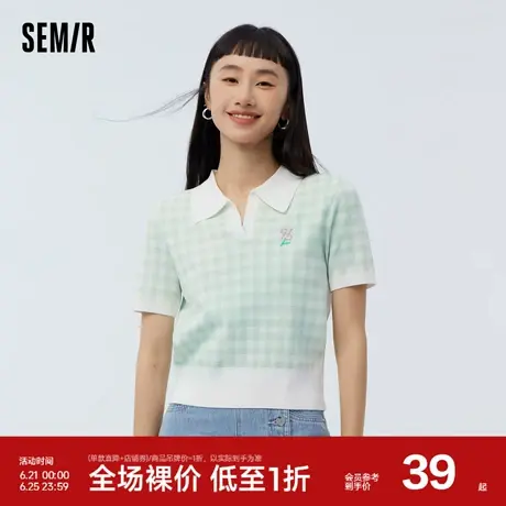 森马针织衫女短款刺绣春季百搭格子短袖上衣小清新新图片