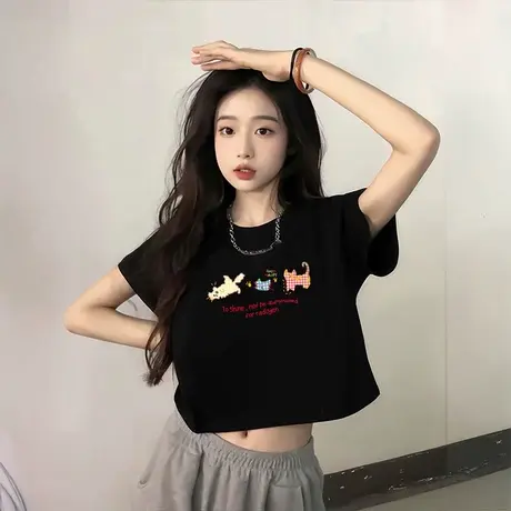 美式黑色正肩短袖T恤ins露脐高腰多巴胺独特漂亮上衣女夏小众甜酷图片