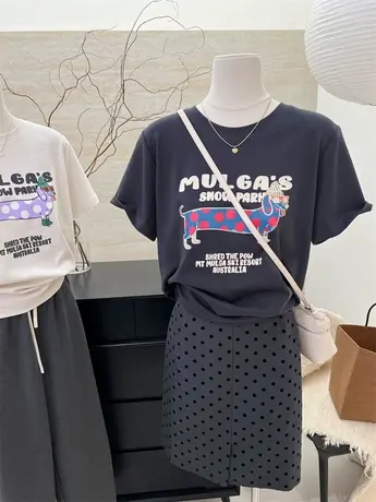 美式复古波点狗狗印花短袖t恤女夏季设计感小众纯棉宽松体恤上衣商品大图