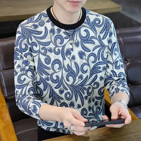 潮牌圆领长袖T恤男士时尚休闲青花瓷帅气套头卫衣大码修身打底衫商品大图
