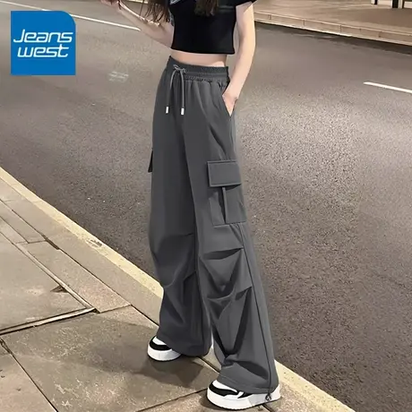 KV真维斯水泥灰美式阔腿工装裤女2025新款复古高腰直筒阔腿长裤子商品大图