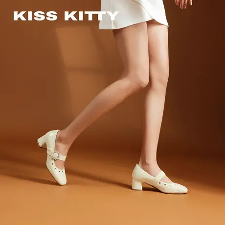 KISSKITTY法式粗跟玛丽珍鞋女爱心新款方头一字带高跟女鞋设计感商品大图