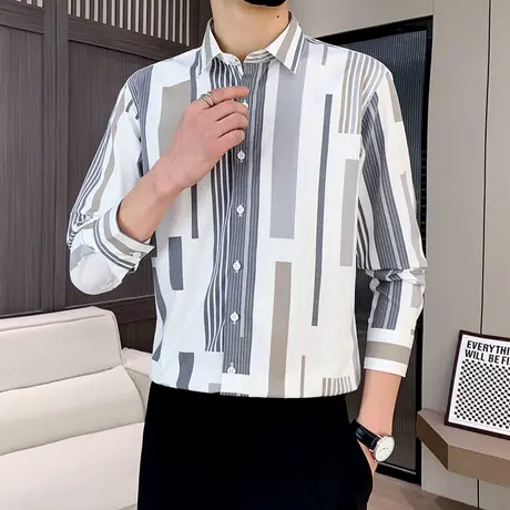 春秋季男士长袖衬衫潮牌痞帅撞色寸衫高级感2025新款休闲条纹衬衣商品大图