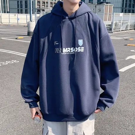 美式高街连帽卫衣男春秋季2025新款潮牌设计感印花宽松套头上衣服商品大图
