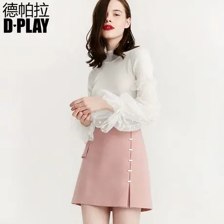 DPLAY德帕拉春款欧美白色针织拼纱半透灯笼袖气质上衣针织衫商品大图