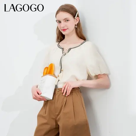 LAGOGO莱赛尔波西米亚风衬衫女拉谷谷夏季新款纯色系带短袖上衣商品大图