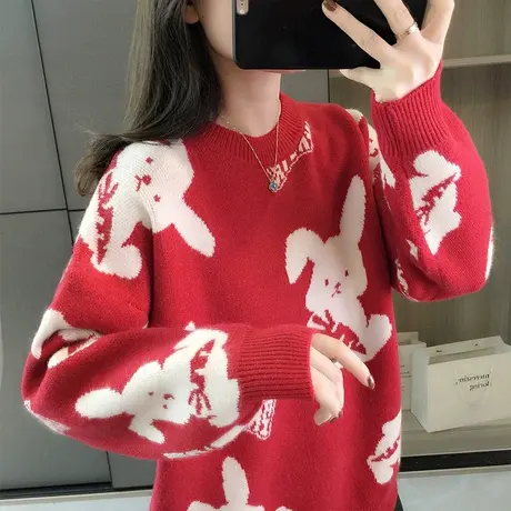 红色毛衣女士秋冬季2023年新款卡通减龄针织衫宽松慵懒风上衣外穿图片