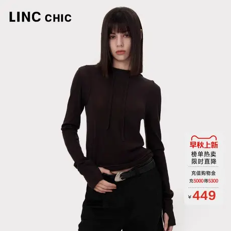 LINCCHIC金羽杰内搭打底衫100%绵羊毛修身连帽针织衫女S243SW587Y商品大图