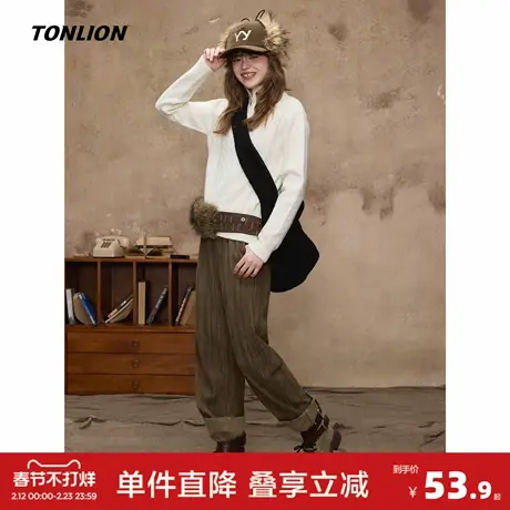 唐狮秋冬女款加绒休闲长裤灯芯绒棕色时尚简约加厚保暖防寒商品大图