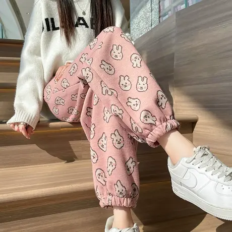 粉色设计款印花毛呢裤女2023秋冬新款加厚羊绒保暖花裤束脚灯笼裤商品大图